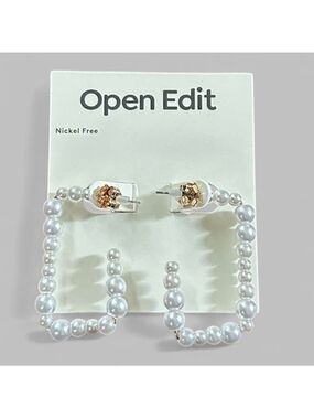 Open Edit-Faux Pearl Rectangle Earrings-white/Gold-NWT